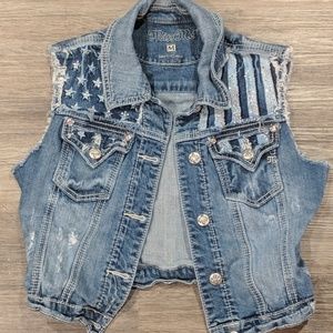 Miss Me Stripes Distressed jean denim vest medium